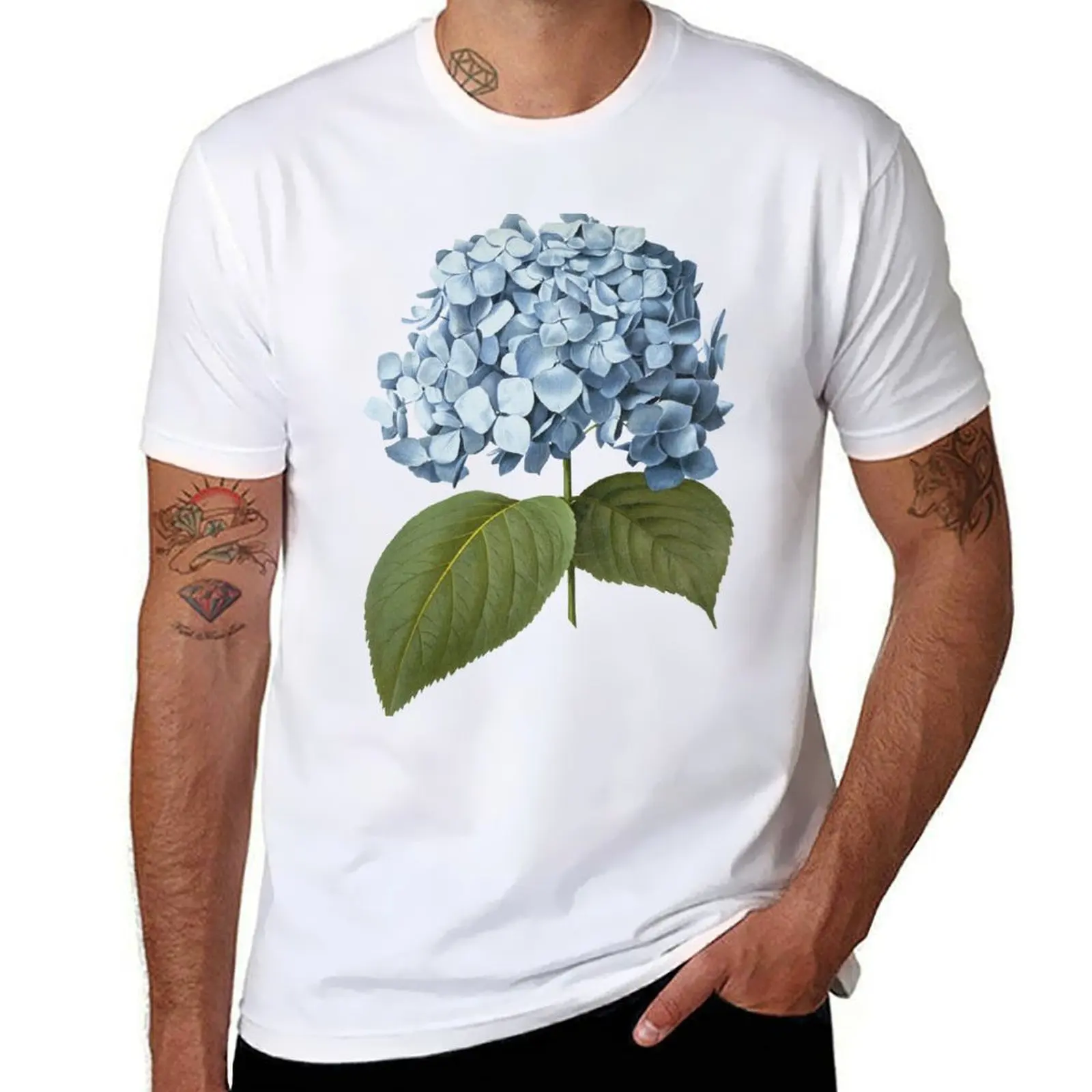 Hydrangea, climbing plant with small florets, Blue flower T-Shirt korean fashion cotton man t-shirts summer tops men clothes