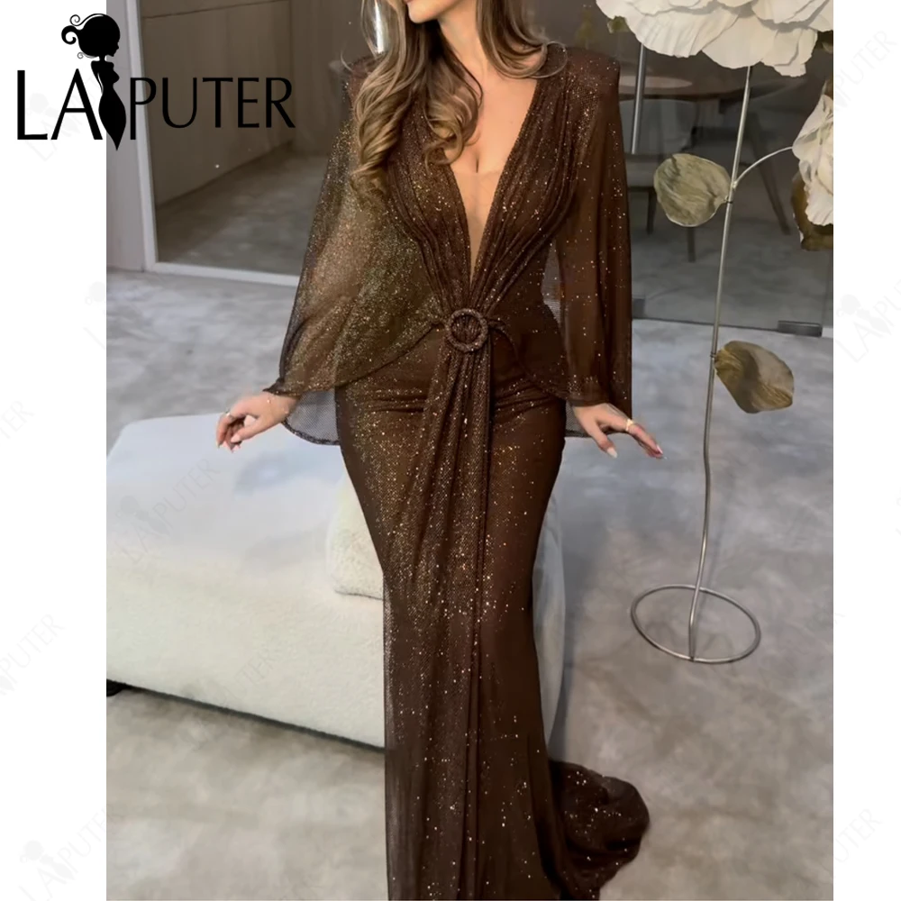 

Glitter Brown Mermaid Evening Dresses Batted Sleeves Hot Drill Party Dress Ruched Hips Woman Formal Dresses 2025