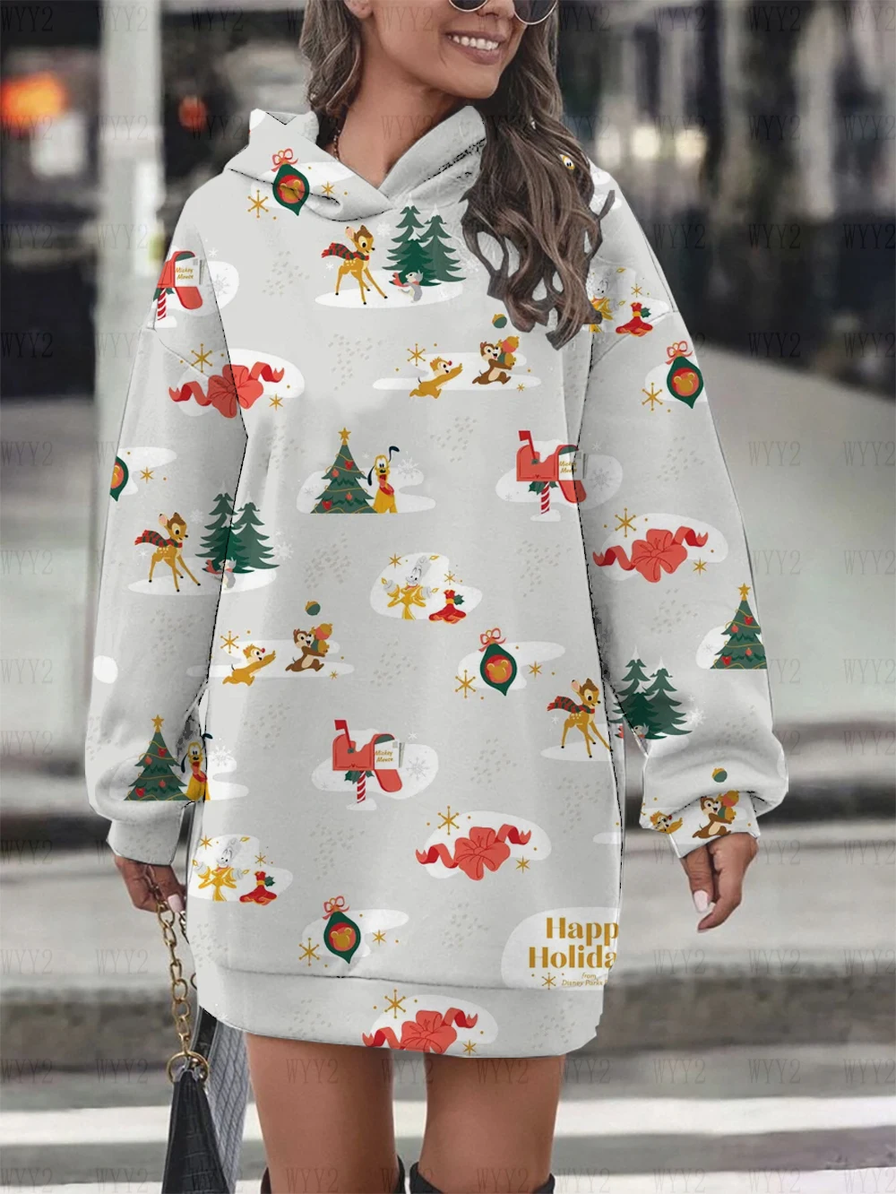 Disney Mickey Minnie print women\'s fashion autumn and winter sweater dress Christmas series hoodie long sleeve hooded dress