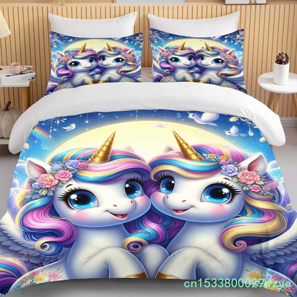 Cute Cartoon Unicorn Print Bedding Set Duvet Cover 1 Duvet Cover 2 Pillowcases Adult And Children Bedding Set Luxury Grils Gift