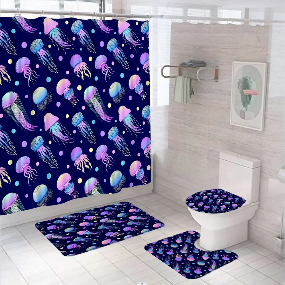 Colorful Jellyfish Shower Curtain Sets Dolphin Octopus Ocean Animal Underwater Fish Bathroom Curtains Bath Mat Rug Toilet Cover