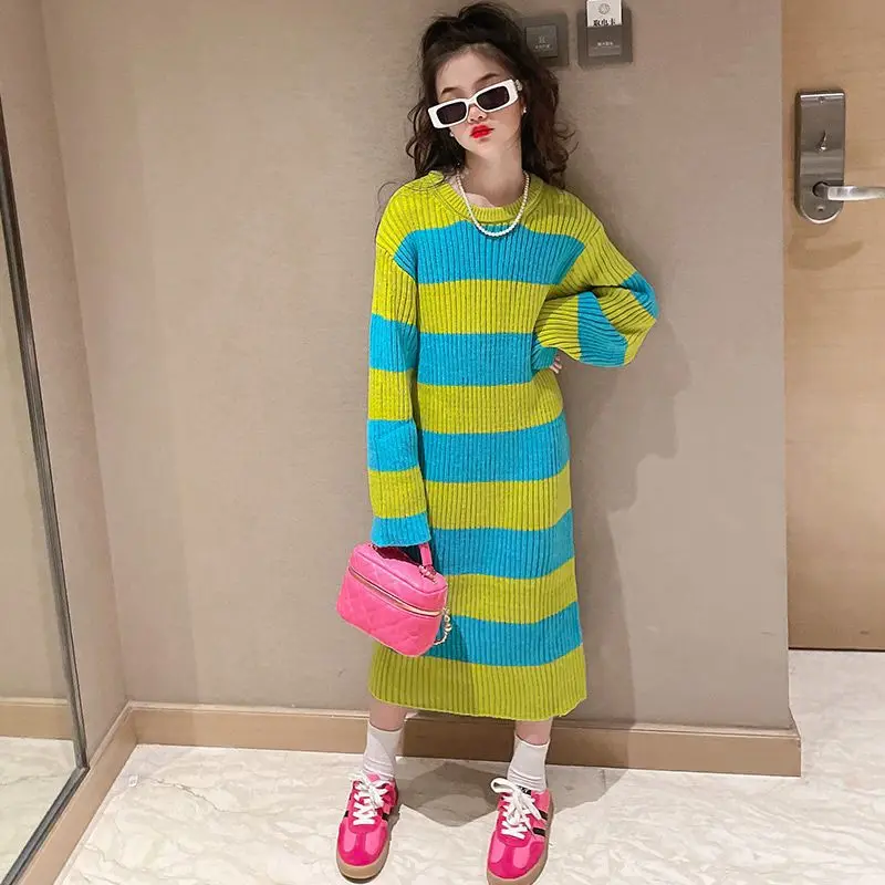 

2023 New Kids Dress for Girls Autumn and Winter Warm Long Sleeve Cotton Dress Striped Casual Wear Children Clothes Tops S01