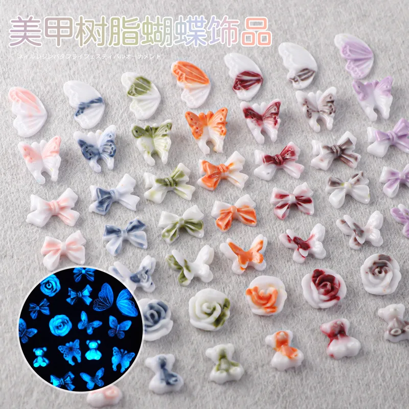 50 Stuks Keramisch-Achtige 3d Nail Art Decoratie Accessoires Onderdelen Strik Bloem Vlinder Bedels Lichtgevende Nagel Levert Materiaal