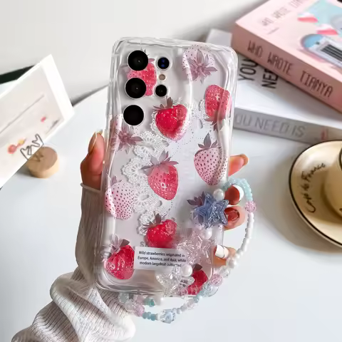 Lace Strawberry Lanyard Case For Samsung S24 S23 S22 S21 S20 FE Plus Ultra A10S 20S 11 02 03 04 05S Bracelet Wrist Chain Cover