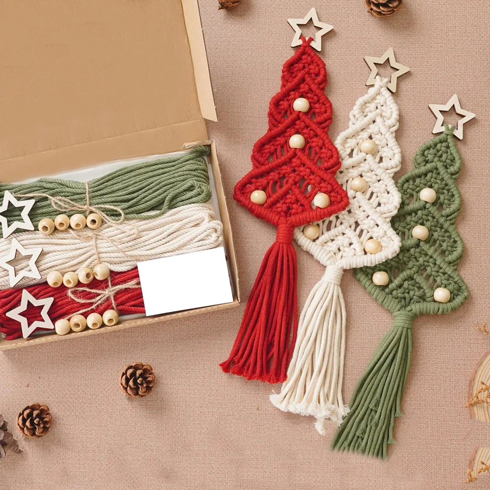 Handmade Cotton Rope Macrame Christmas Tree DIY Kit Home Decor Craft Kit Wooden Star Hanging Decor Handmade Gifts for Ramadan