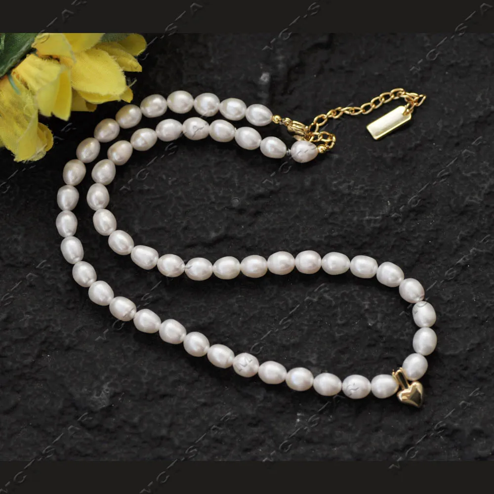 

Z14375 A+ 16~18'' 8 мм Белое ожерелье из пресноводного жемчуга в форме рисового зерна с подвеской в виде сердца