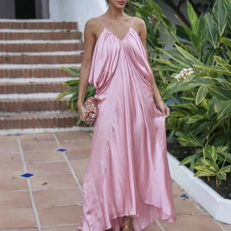 Damesmode effen satijnen losse lange jurk lente zomer diepe v-hals holle avondjurk sexy backless spaghetti-jurken