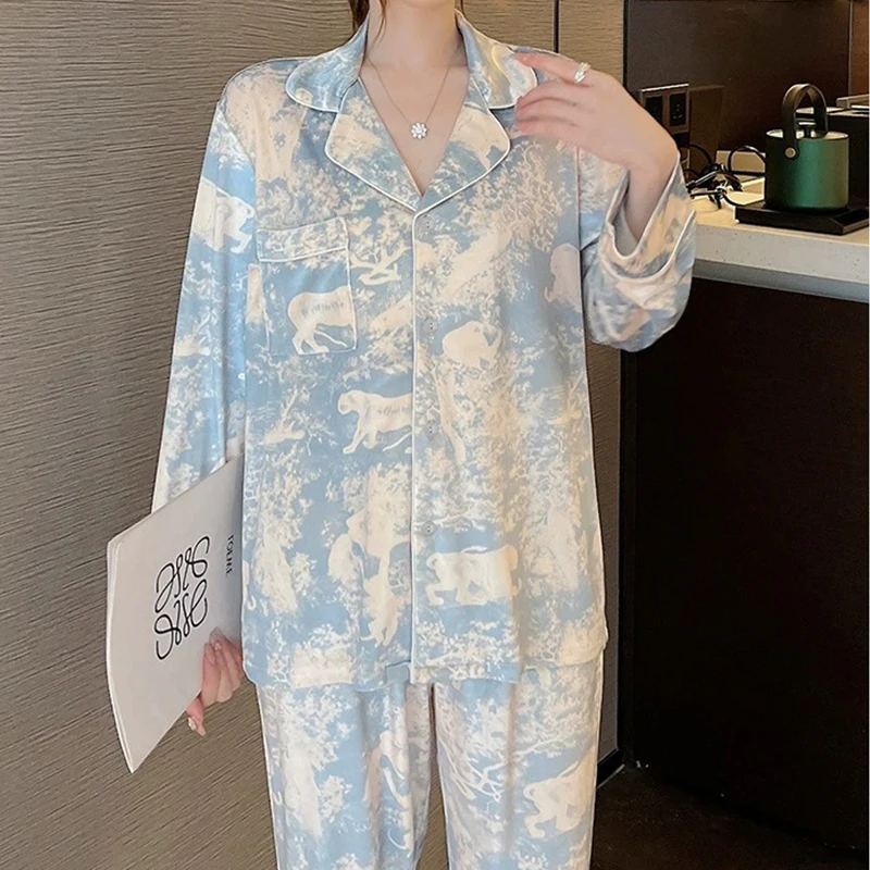 2024 Spring Autumn New Ice Silk Soft Clothes Sets Lapel Button Cardigan Women Sets Luxury Two Pieces Blue Bandhnu Women Pajama