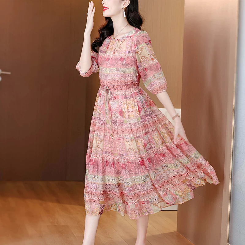 2025 Summer Print Silk Beach Midi Sundress Women Boho Fashion Casual Light Dress Spring Korean Elegant Luxury Festival Vestidos