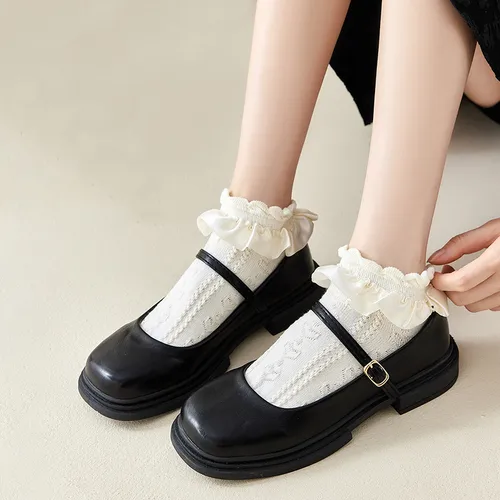 Imagen 2 del producto JK Lolita calcetines de encaje con volantes Color sólido negro blanco Beige calcetines cortos mujeres estilo japonés dulce niñas Kawaii lindos calcetines tobilleros