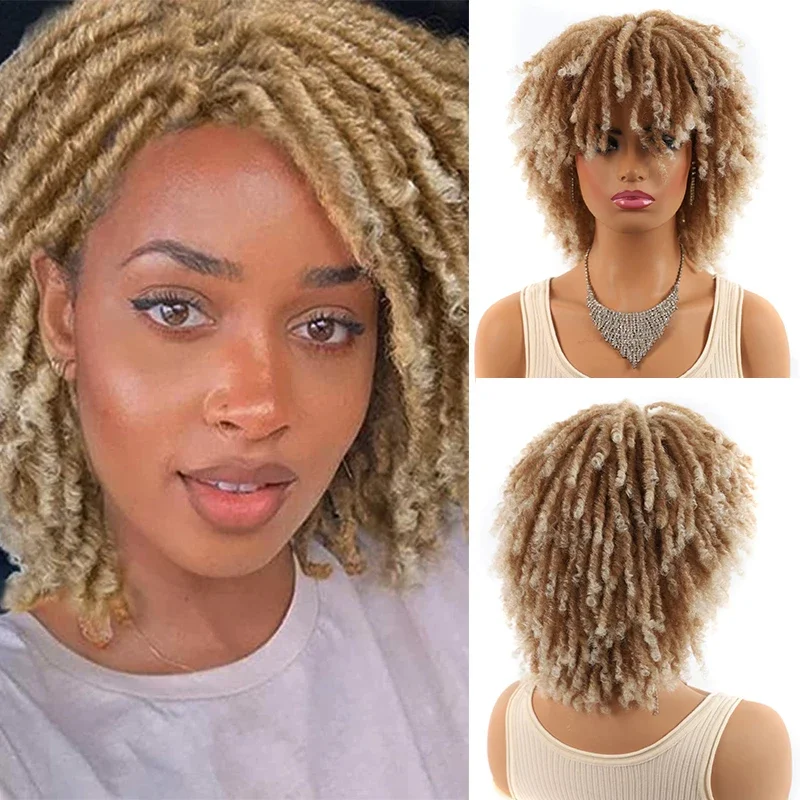 

Short Hair Dreadlock Wig Synthetic Afro Curl Synthetic Soft Faux Locs Wigs With Bangs For Women Spring Twist Braiding Hair Wig