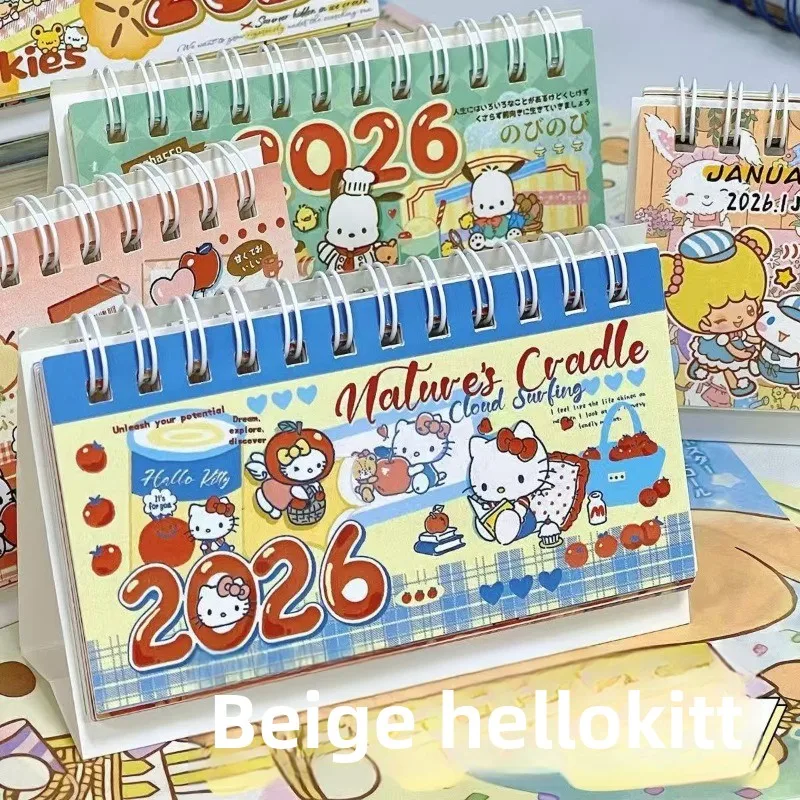 

Простой настольный календарь Hello Kitty на 2026 год, длинный мультяшный милый настольный дисплей, портативный календарь, домашний офис, школа, организация планирования
