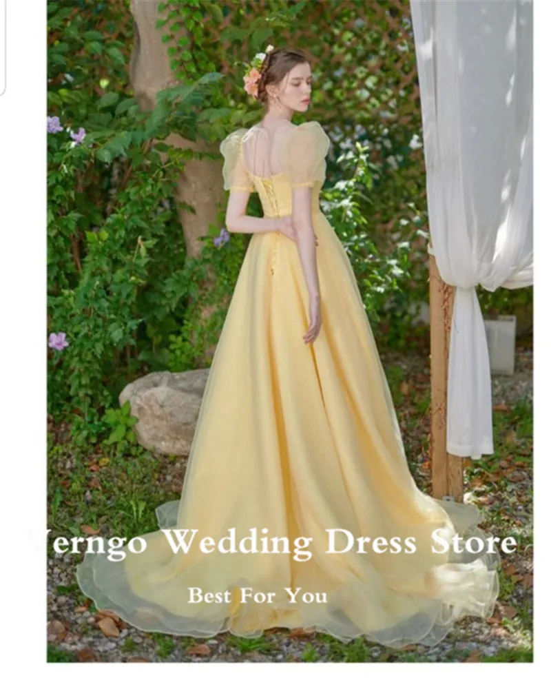 Verngo Lavender A Line Organza Long Prom Dresses Puff Sleeves Floor Length Evening Gown Garden Bride Formal Party Dress