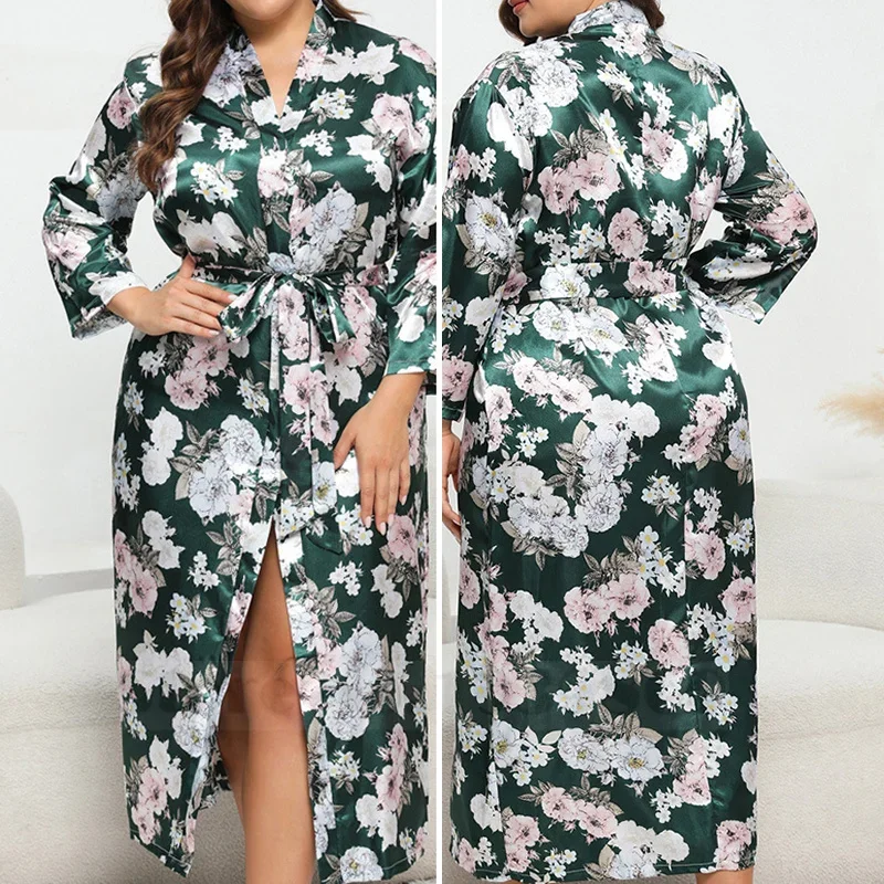 Primavera Verano bata larga ropa de dormir de talla grande estampado de flores Kimono Albornoz vestido de salón femenino vestido suelto con estampado de flores para casa