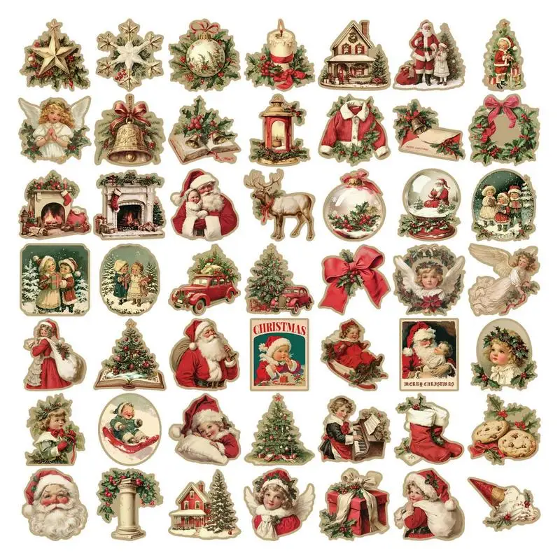 50pcs Vintage Christmas Stickers Handmade Craft Scrapbooking Material Label Waterproof Album Journal Decals Christmas Gifts