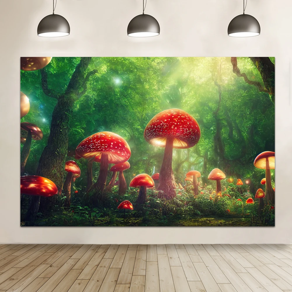 Laeacco Enchanted Forest Jungle Backdrop for Photography Magic Mushroom Flower Wonderland Birthday Portrait Photo Background