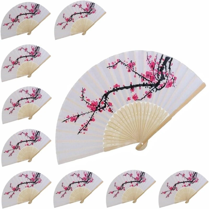 10 Pcs Delicate Cherry Blossom Design Silk Folding Hand Fan Wedding Favors Gifts Japanese Party