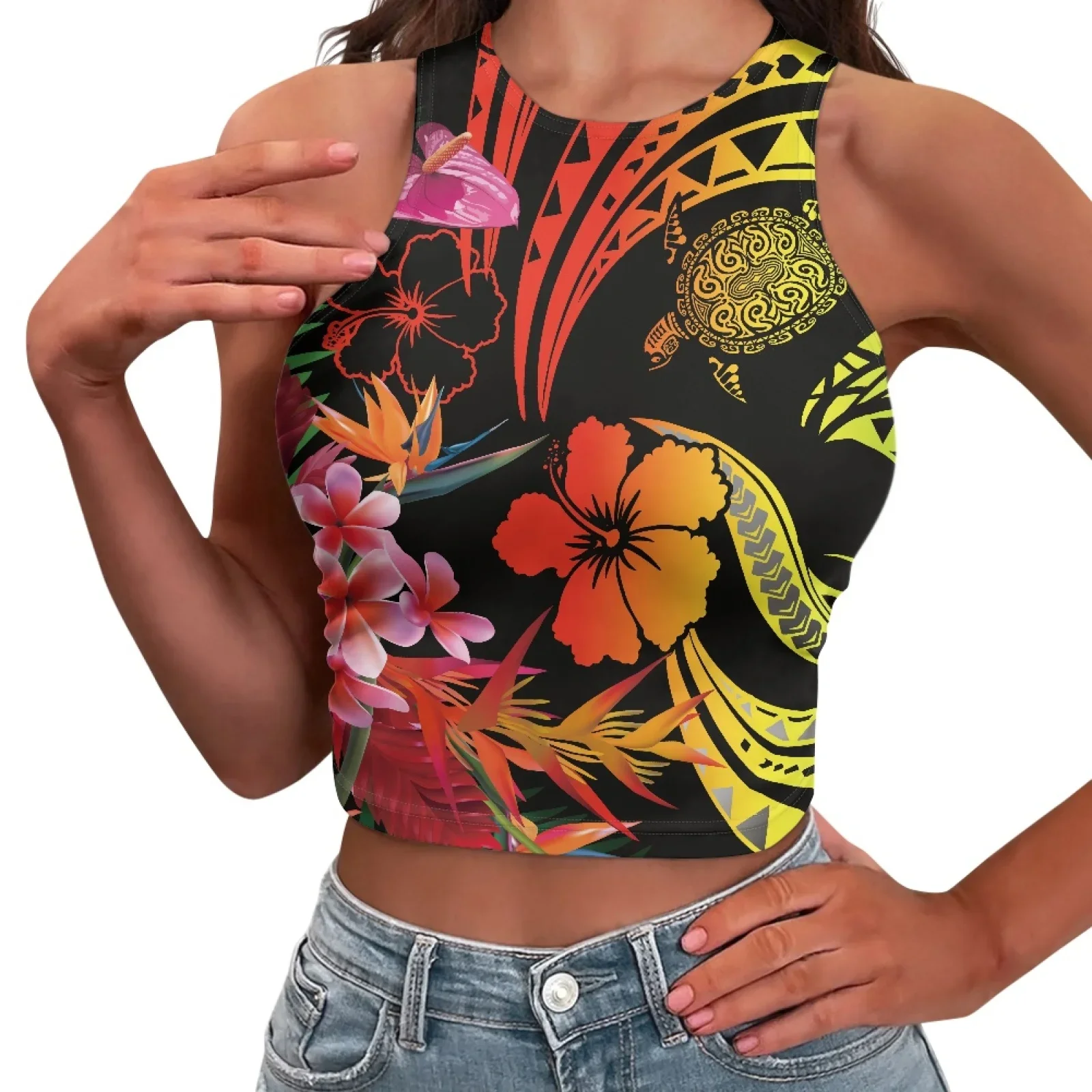 Polynesian Tribal Tongan Totem Tattoo Tonga Prints Lady Sexy Skinny Sleeveless Crop Top Gym Breathable Hibiscus Sports Tank Top