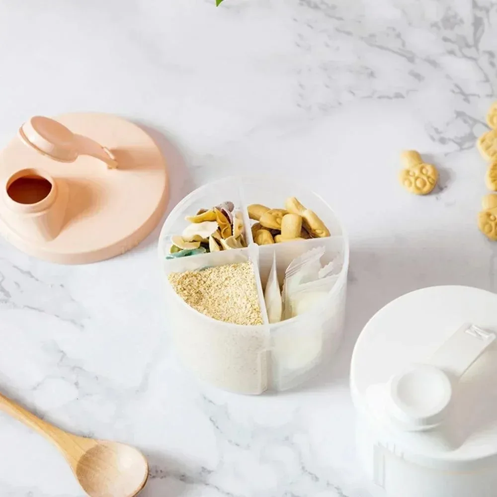 持ち運びに便利なベビーミルクディスペンサー、回転式4区画ミルク容器、屋外用スナック容器