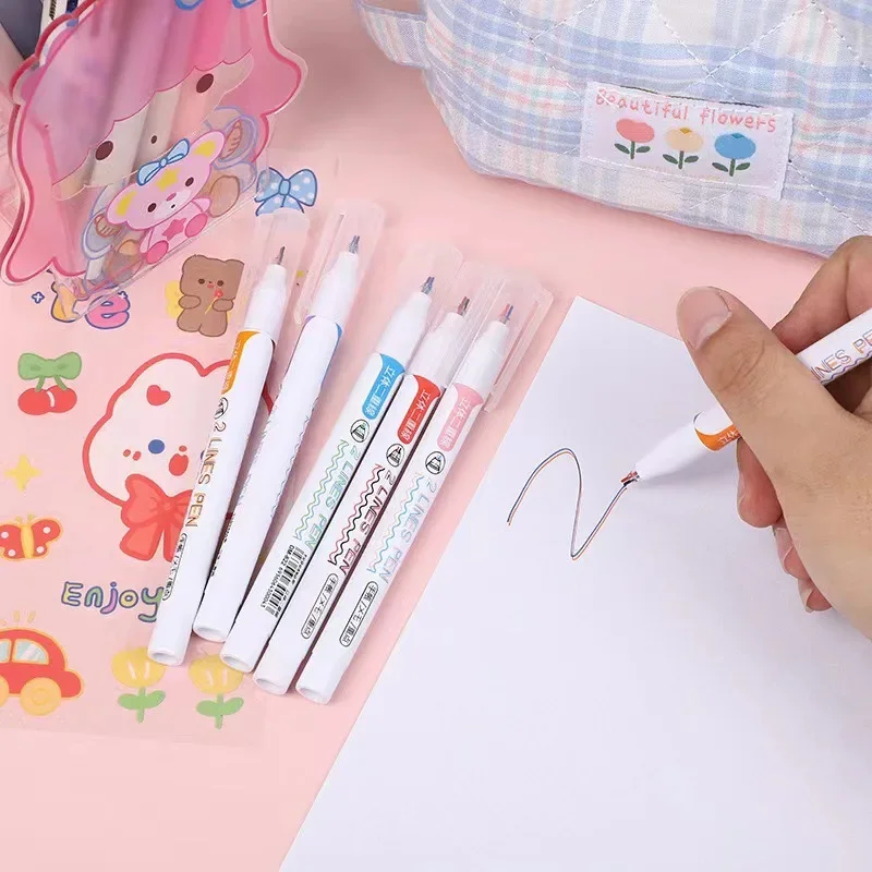 6pcs 2 Lines Colored Marker Pens DIY Drawing Painting Graffiti Pen 0.5mm Gel Pens Pigment Liner Highlighter Kawaii Stationery