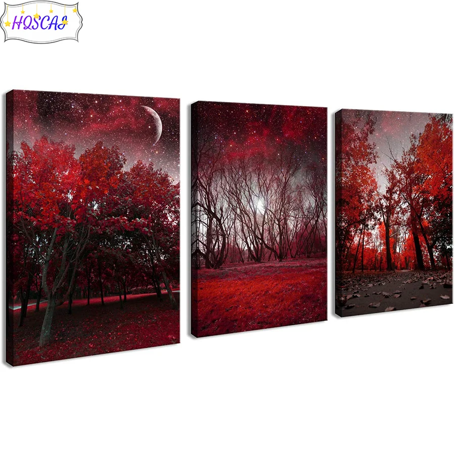 

3pcs Red maple forest, natural scenery AB Diamond Painting Cross Stitch Mosaic Diamond Embroidery Full Square drill Home Decor