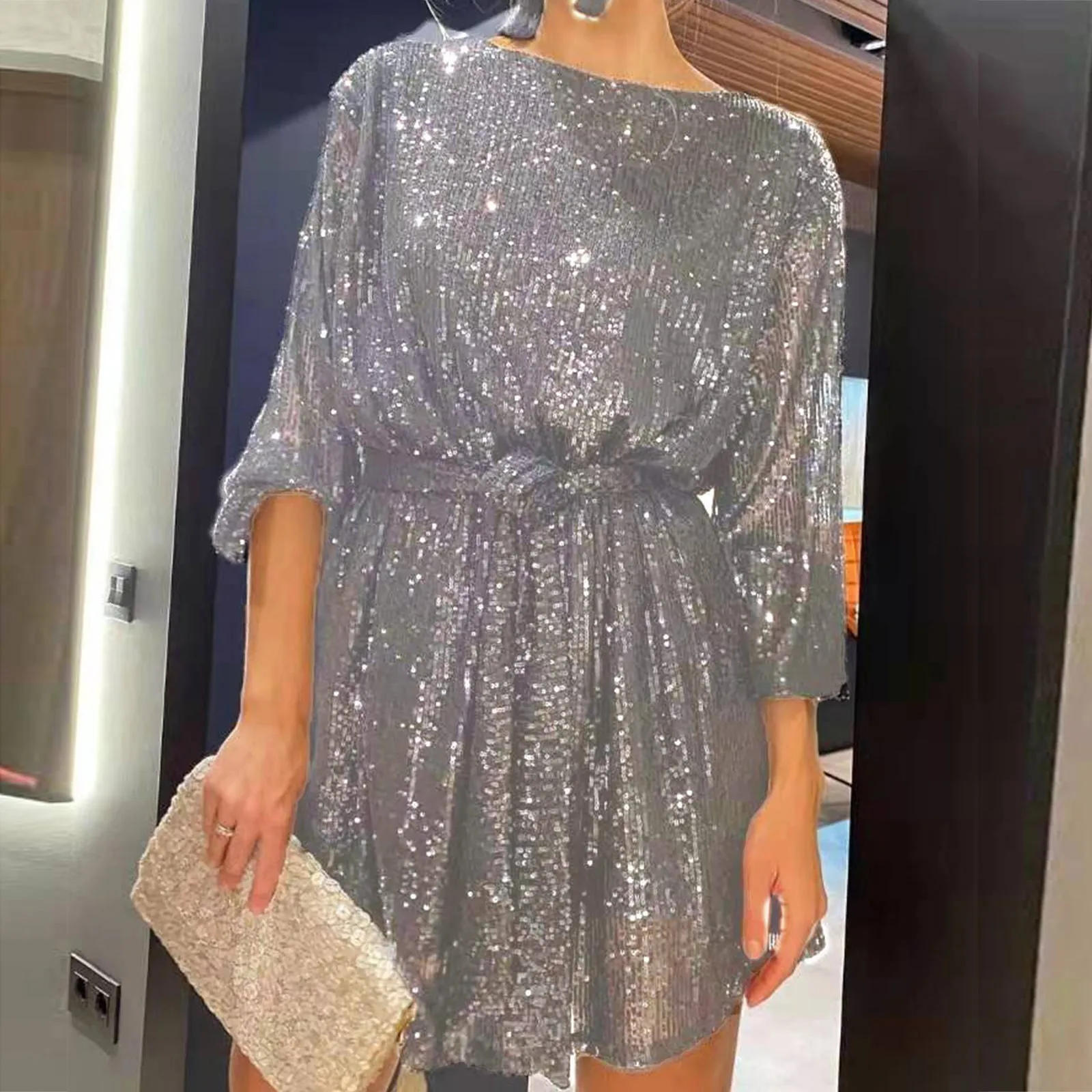 

Womens Puff Long Sleeve Glitter Sequin Dress with Belt Evening Wedding Bridesmaid Sparkly Loose Fit Mini Short Dresses 2024