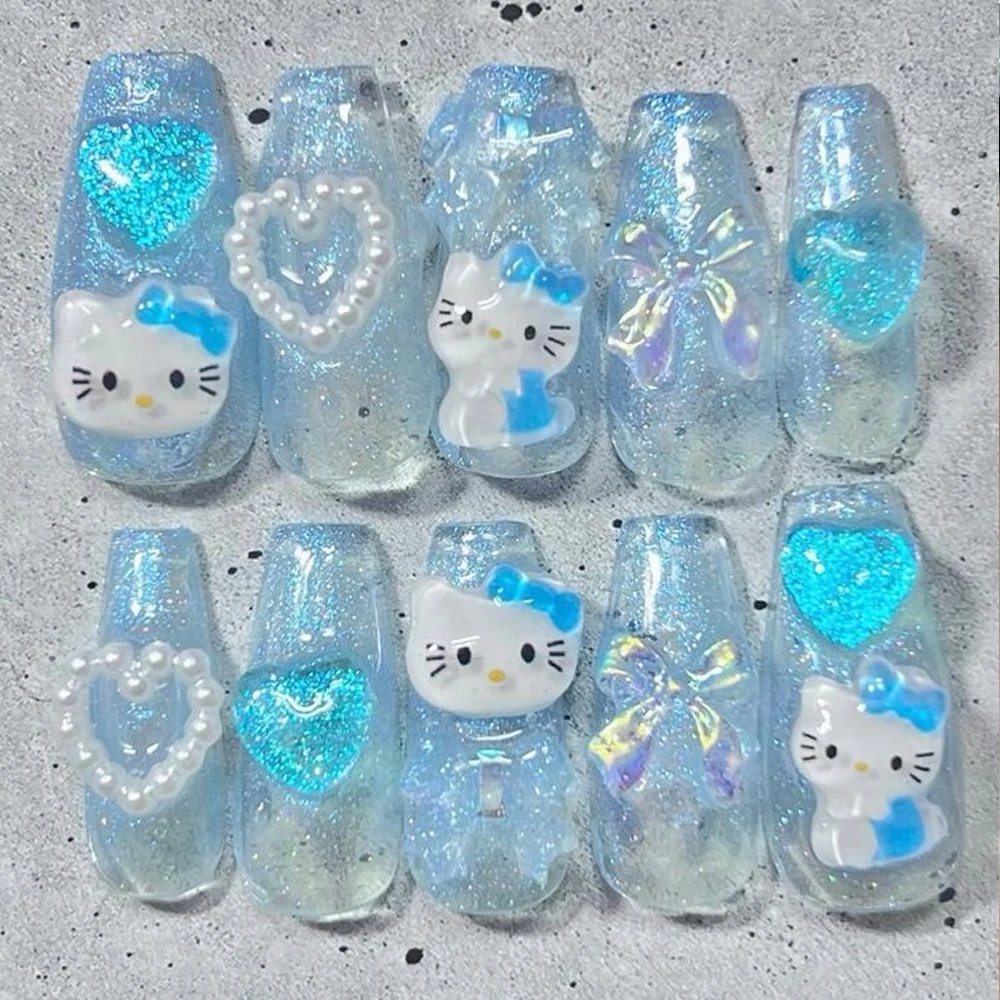 100pcs Sanrio Nail Accessories Kawaii Blue /pink/yellow Hello Kitty Resin Nail Art Charms DIY Manicure Mobile Phone Decoration