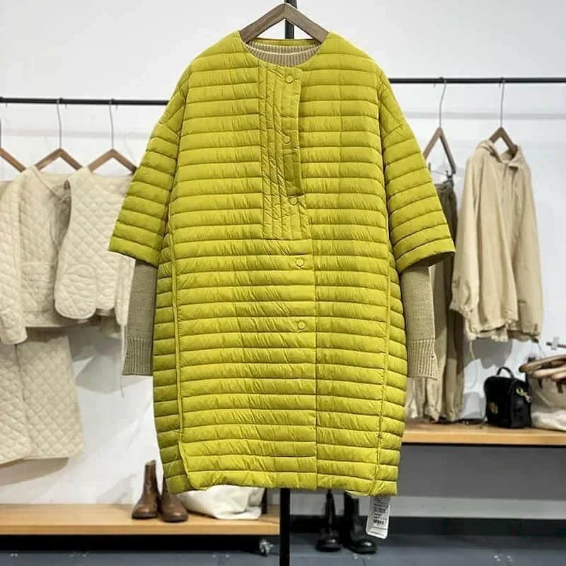 

Легкие пуховики, стеганые пальто большого размера для женщин, свободная повседневная винтажная зимняя одежда средней длины с рукавами четверть, женская одежда