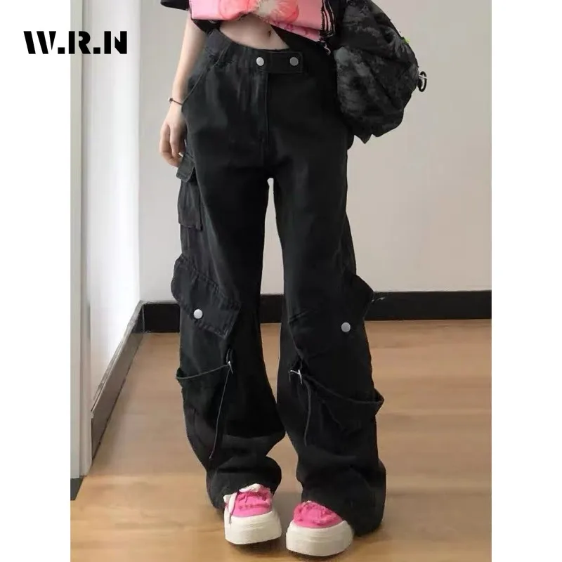 

Женские повседневные джинсовые брюки в стиле ретро в стиле сафари, свободные джинсы, лето 2025, Y2K, черные однотонные прямые брюки полной длины 2000-х годов