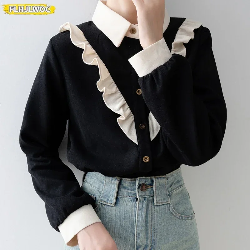 Warm Winter Velvet Inside Tops New Women Long Sleeve Patchwork Fake 2-Piece Design White Collar Black Button Ruffle Basic Shirts