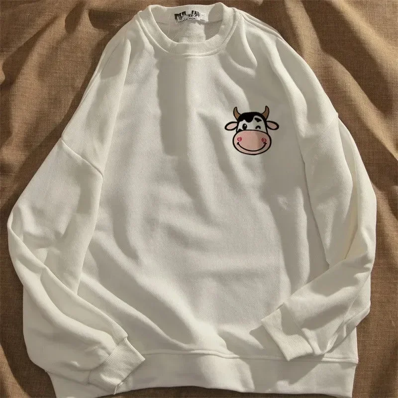 Kawaii Cow Print Sweatshirt Women Japanese Harajuku Cute Milk Embroidered Long Sleeve Hoodie Sweatshirt 2023 Fashion Korean