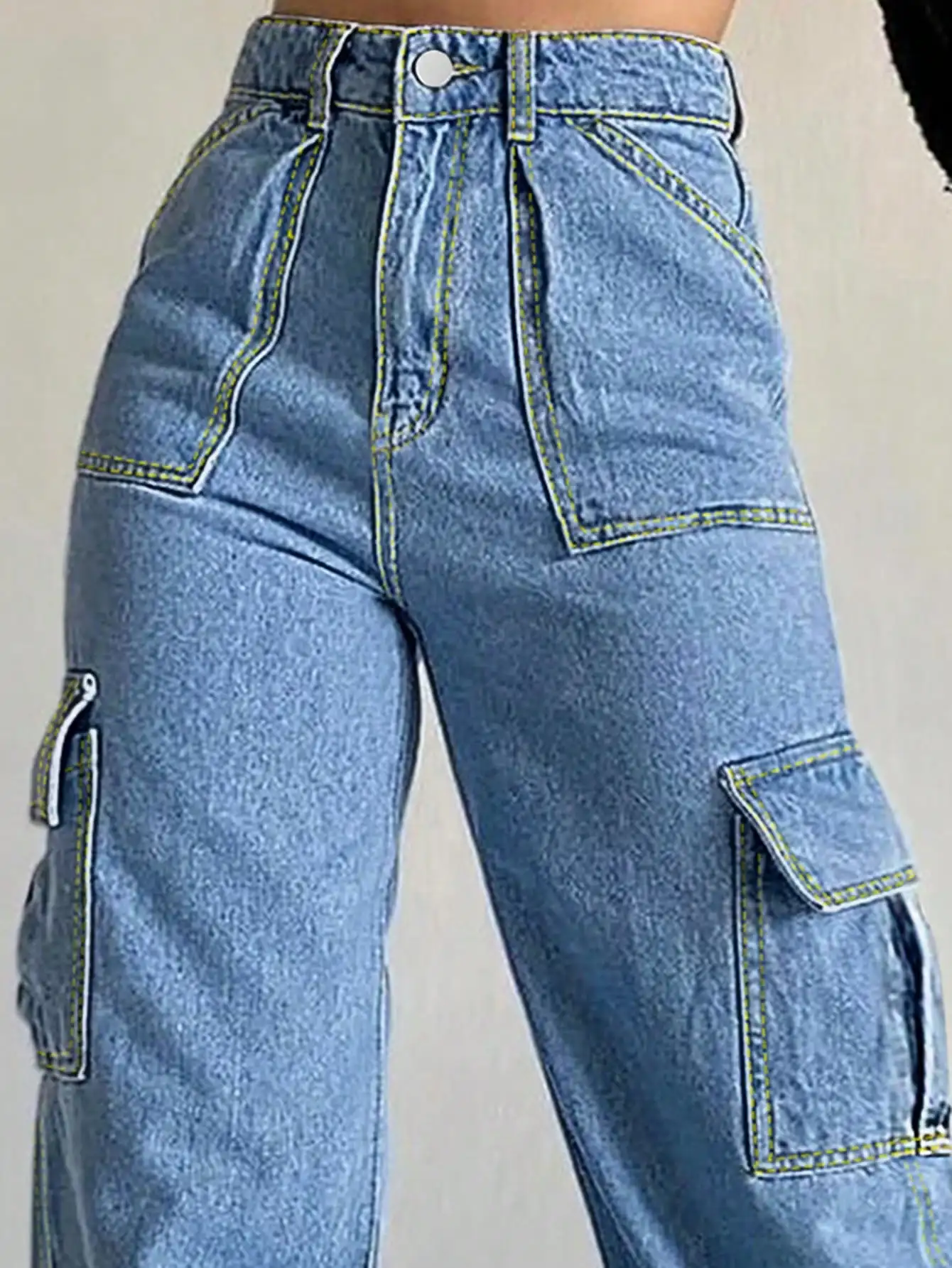 Women's High  Waisted Wide  Leg Cargo Jeans 2025 Trendy Contrast Stitch Button  Front Non  Ripped Denim Fabric Full  Length Pant