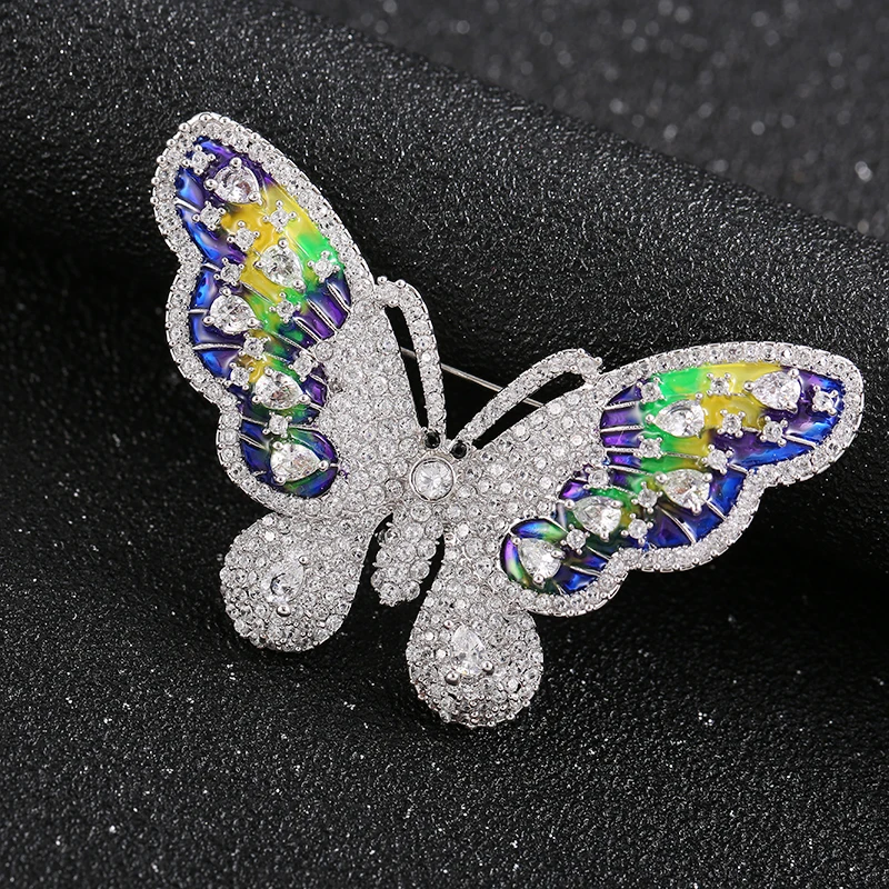 Luxury Colorful Enamel Butterfly Copper Lapel Pins Full Zircon Paved Brass Brooches Golden Silvery Tone Women Girl Dress Corsage