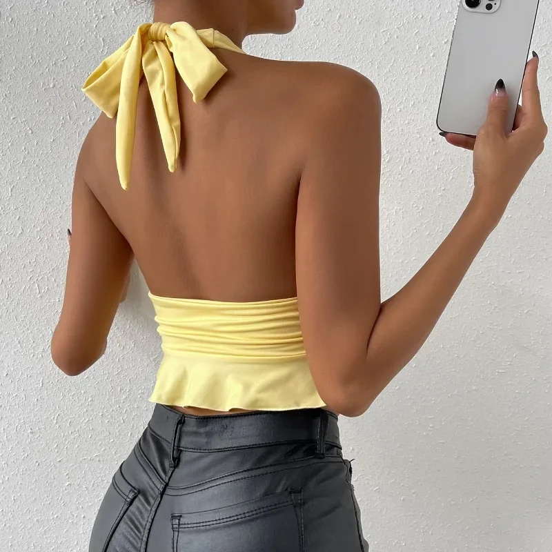 2024 Sexy Suspender Backless Tight Fitting Short Top for Women's Sleeveless Off Shoulder Pleated Party Nightclub Short Top YSQ22