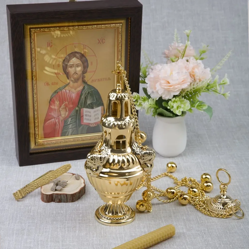 HT Hanging Gold Plated Censer with Chain and Bell Religious Church Supplies Greek Orthodox Incense Burner Home Church Decor