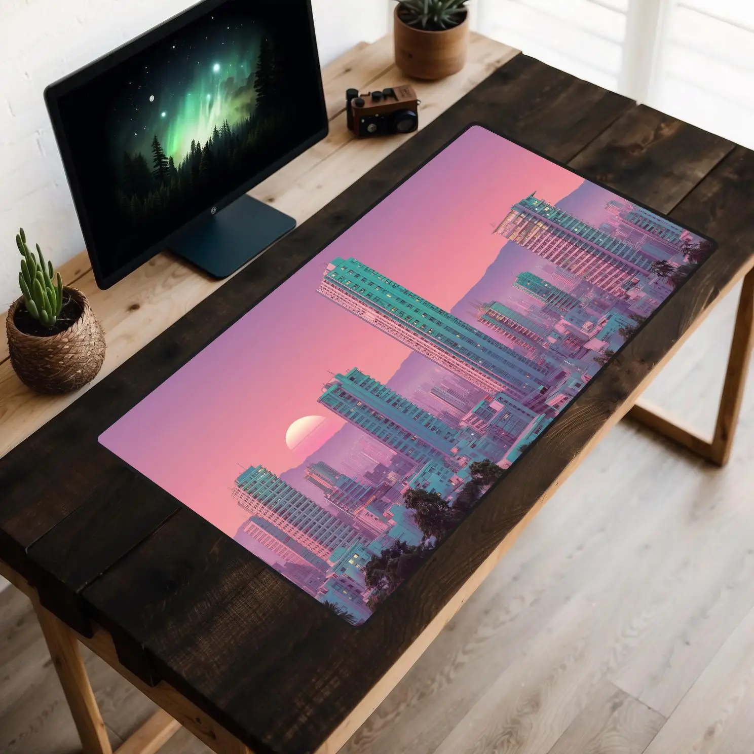 

City Skyline Deskmat, Pink Sunset Deskmat, Urban Landscape Desk Mats,Synthwave Landscape Mouse Pads,80s Pop Art Style Laptop Mat