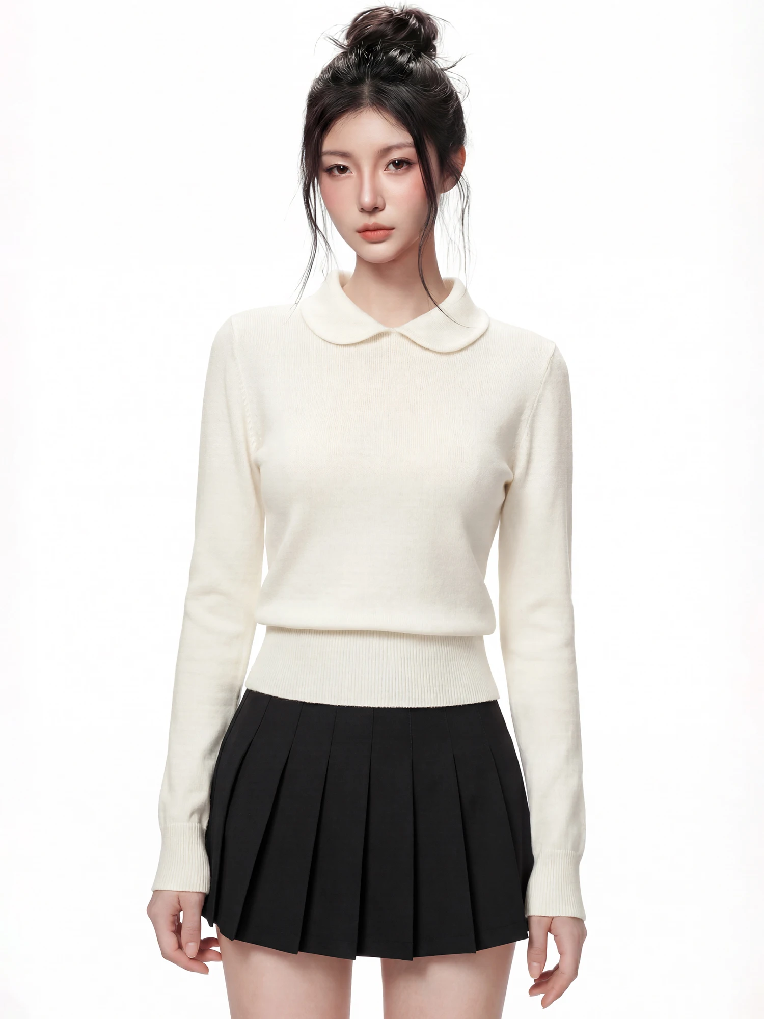 

Sweet Doll Collar Long Sve Knitted Sweater Waist Cinched Overhead Faionable Base irt Simple Women's Knitwear Top