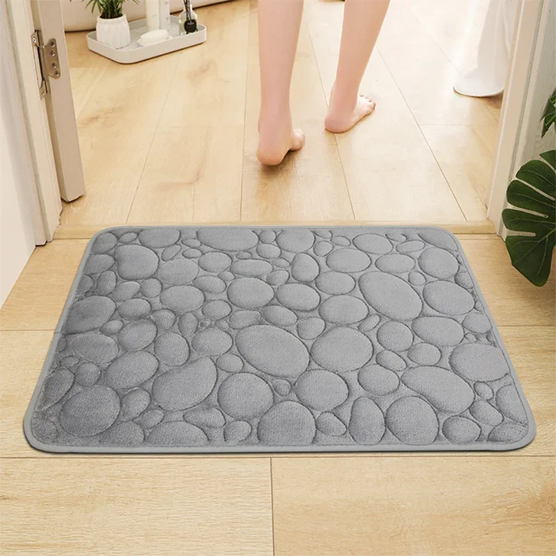 3D Non Slip Bathroom Mat Cobblestone Embossed Bath Mats Absorbent Doormat Carpet Door Floor Mats Machine Washable Quick Drying