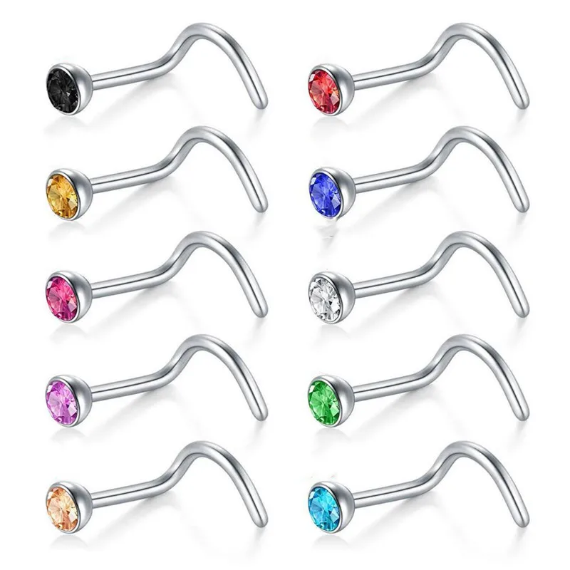 10 Pcs Stainless Steel Crystal Drill S Nose Nail Hypoallergenic Body Piercing Jewelry