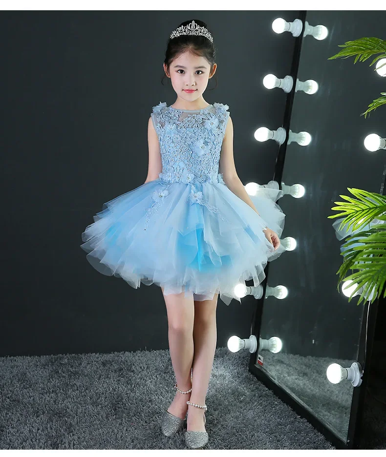 Long Trailing Flower Girls Dresses for Wedding Light Blue Kids Pageant Dress First Holy Communion Dress Party Prom Dress