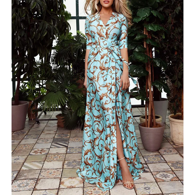 2024 Spring and Summer New Fashion Drawstring Simplified Printed Long Sleeved Commuter Casual Versatile V-neck High Waist Dress