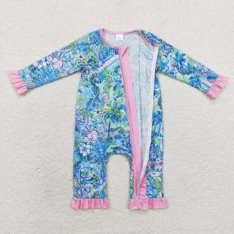 Infant girls blue floral Rompers Clothing Newborn boutique wholesale zipper Sleeper baby kids long Sleeves hot sale onesie