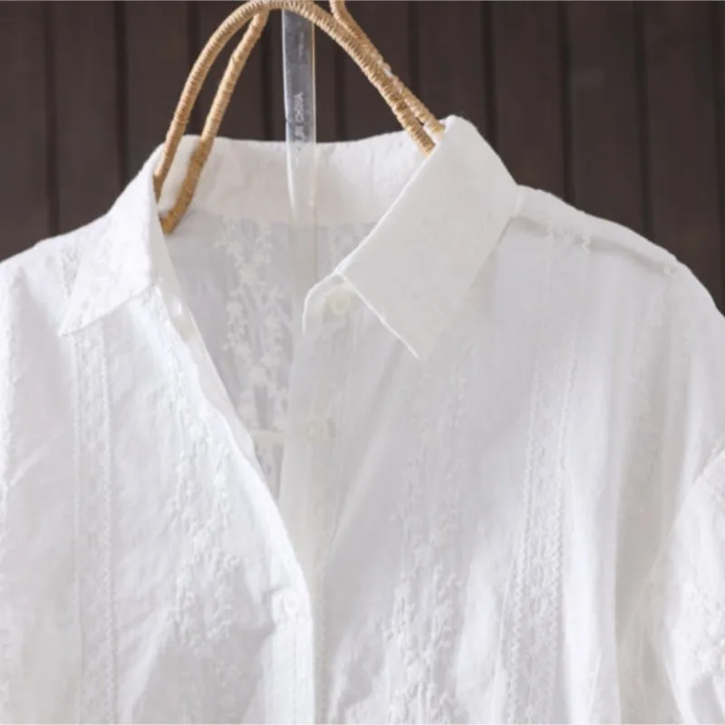 Johnature Women Vintage Cotton Shirts 2026 Summer New Chinese Style Jacquard Turn-down Collar Button Blouses Female Soft Shirts