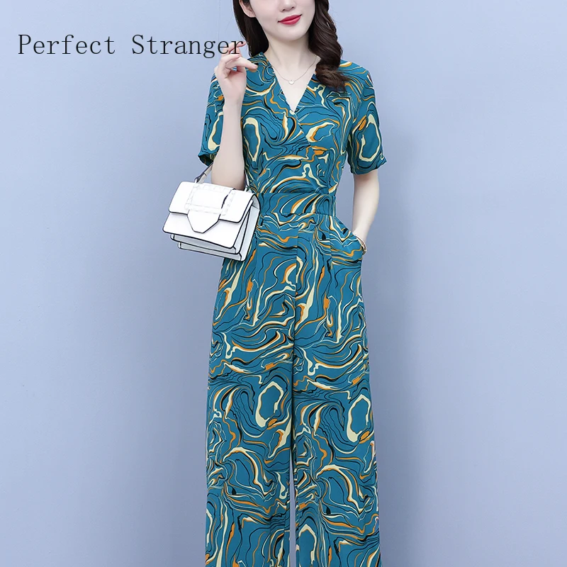 Jumpsuits Women Elegant for Party 2022  Jumpsuit Short Sleeve High Waisted  Printed V Neck Long Rompers Office Overalls