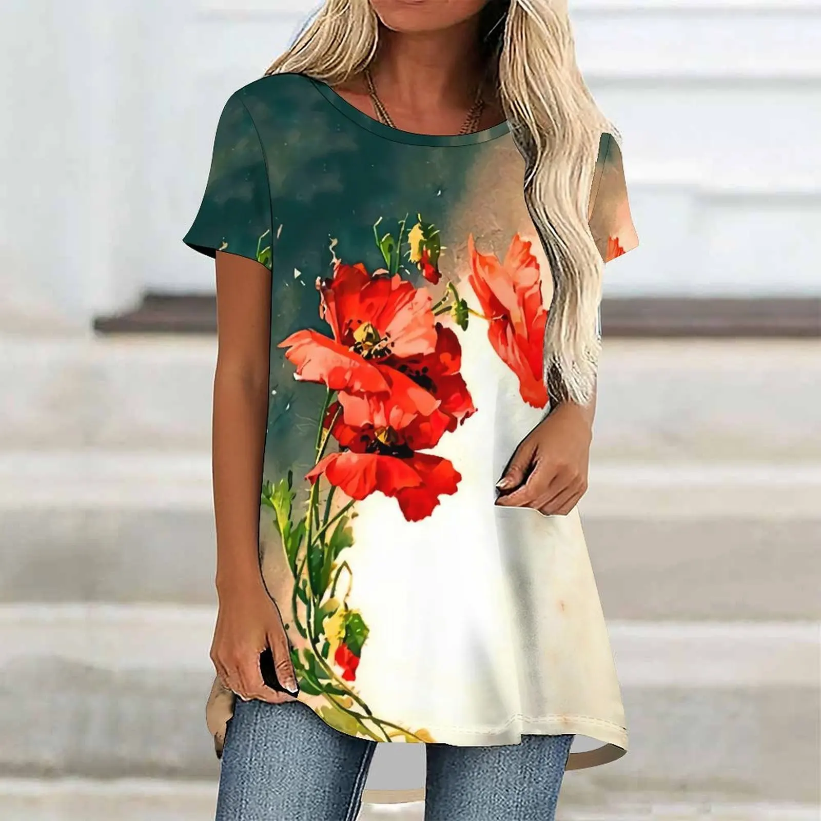 Women Print Crew Neck Irregular Hem Short Sleeve Casual Tunic Tops