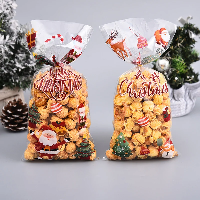 Sacs d'emballage en cellophane joyeux Noël pour enfants, sac cadeau en plastique, décor à la maison Noel, fête du Nouvel An, sacs de bonbons inquiets, 50 pièces