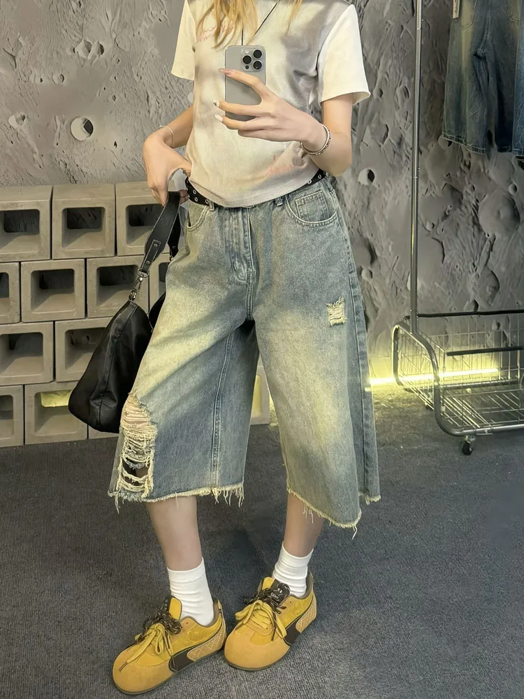 

Retro Frayed Hole Denim Seven-Quarter orts Women Summer New High Waist Loose Slim Straight Leg Wide Leg mid Pants