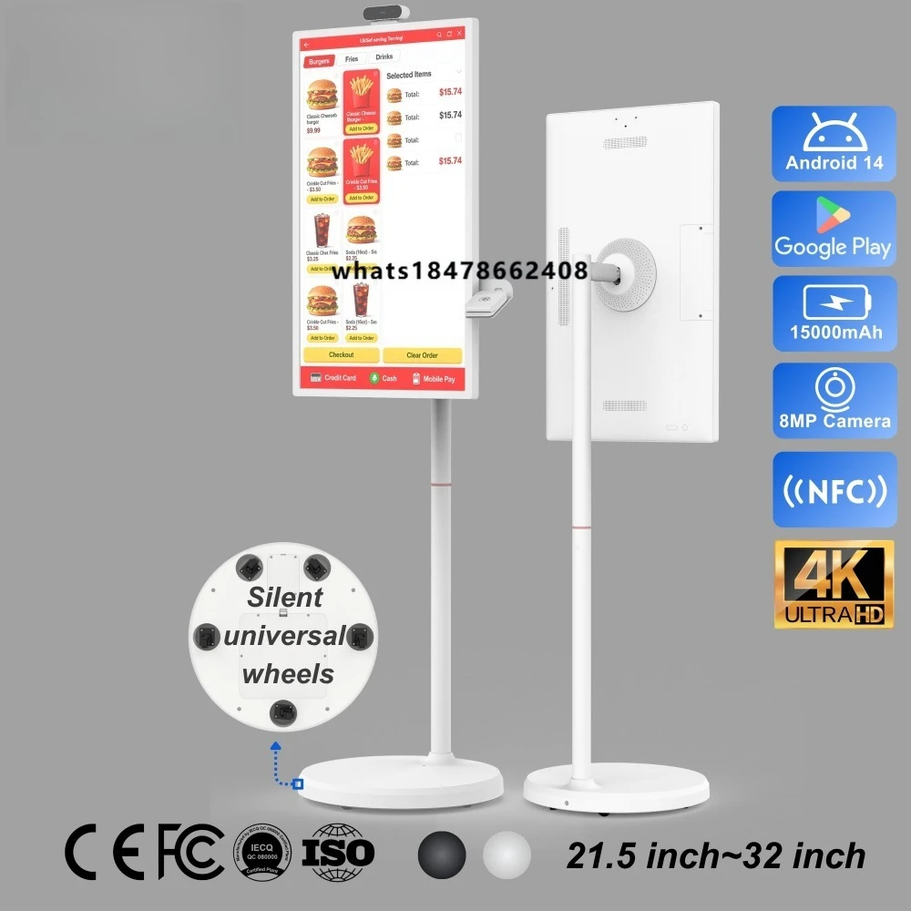 NFC Slef Payment 32 Inch 4K UHD Portable Smart Moving Screen Android 14 Wireless Payment Kiosks for Bakery Coffee Shop