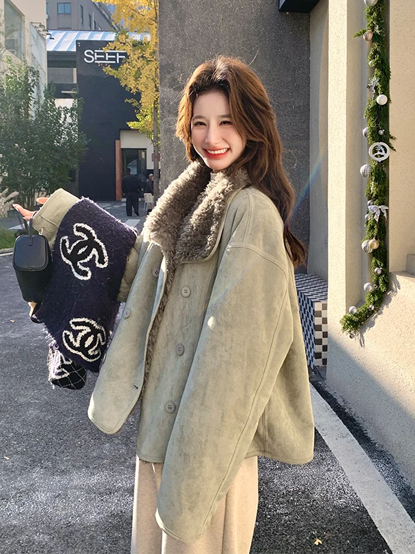 Ladies ort Thiened Fce Lined Lamb Fur Jaet Warm Casual Sle Women's Coat Korean Version Cotton Clothes Top