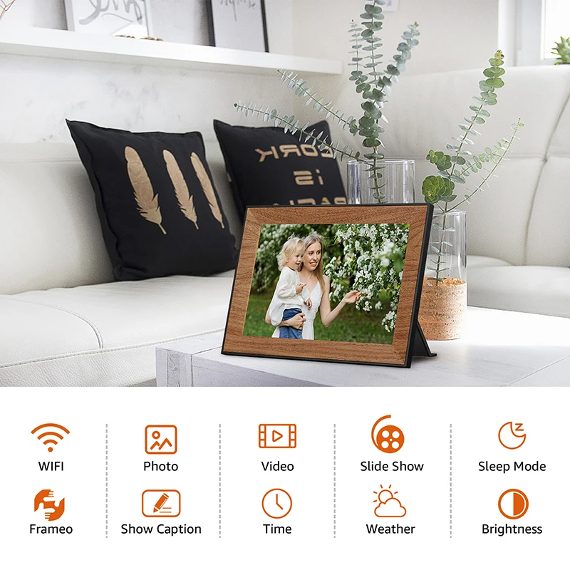 Imagem -05 - Porta Retrato Digital Frameo Inteligente Wifi Digital Photo Frame 10.1 Porta Retrato Porta Retrato para Fotos hd Ips Touch Screen 32gb Moldura de Madeira Moldura Presente de Halloween